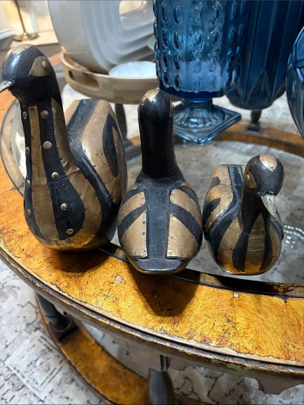 VTG Hand Carved Wooden Brass Duck Figurines